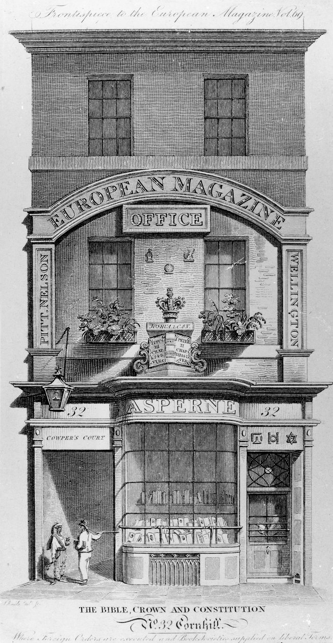 De Bijbel, Kroon en Grondwet, Cornhill, Londen (gravure) door English School