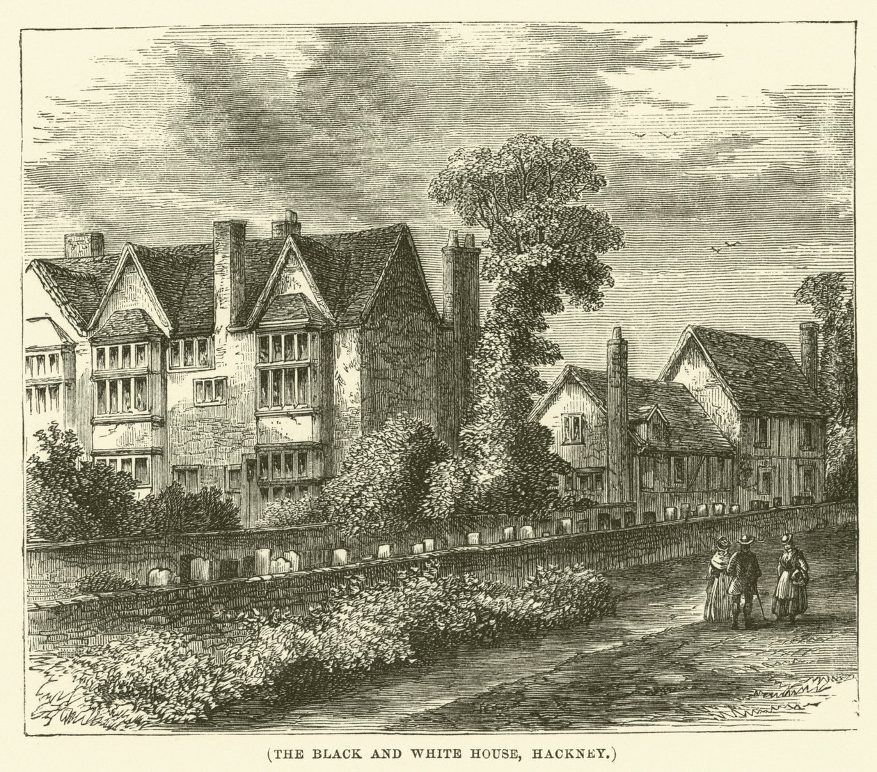 Het zwart-witte huis, Hackney (gravure) door English School