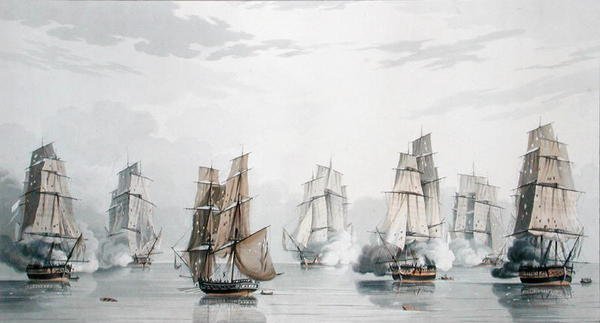 Het Britse eskader onder bevel van kapitein Charles Marsh Schomberg en het Franse eskader onder bevel van commodore Roquebert, windstil kort na het begin van de actie bij Madagaskar, 20 mei 1811 door English School