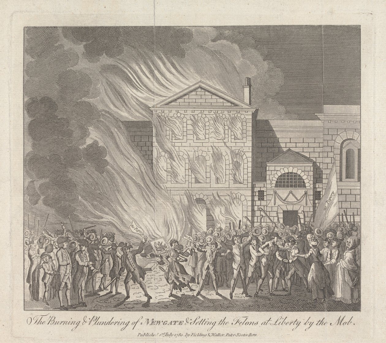 De brand en plundering van Newgate en het vrijlaten van de misdadigers door de menigte door English School