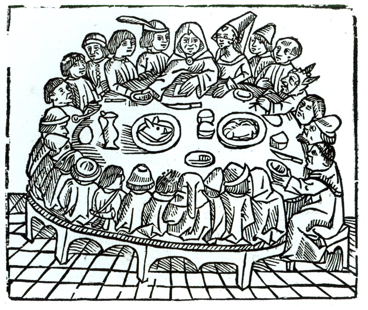 De Canterbury Pelgrims aan een gezamenlijke maaltijd, illustratie uit Geoffrey Chaucer