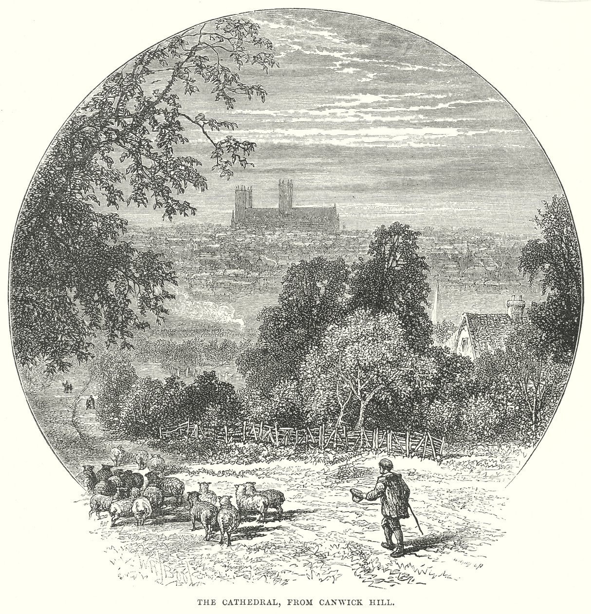 De kathedraal, vanaf Canwick Hill (gravure) door English School