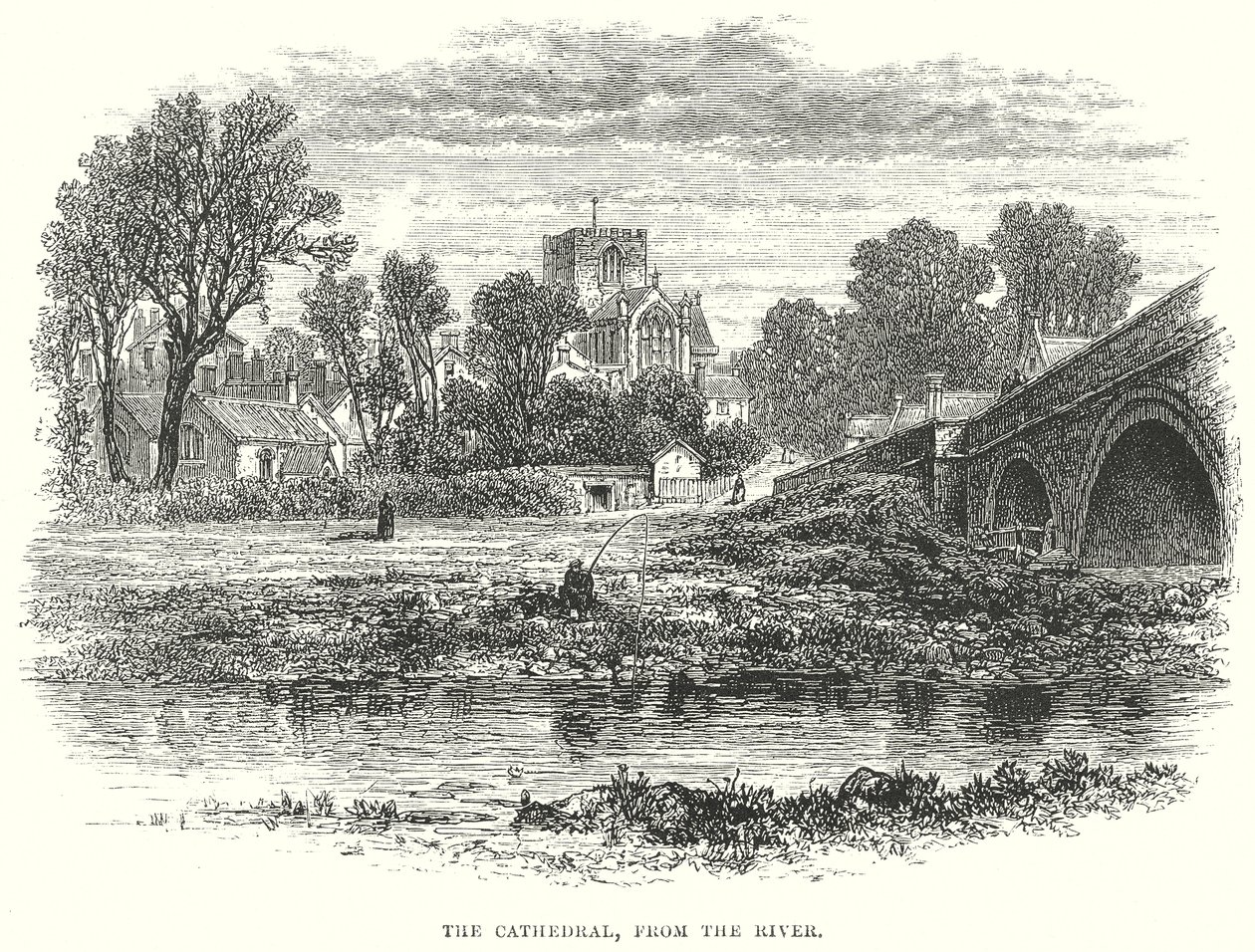 De kathedraal, vanaf de rivier (gravure) door English School
