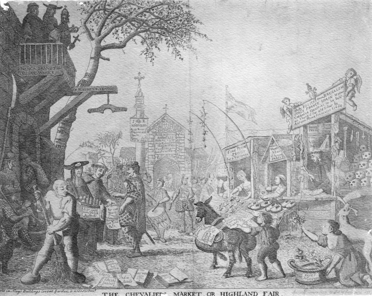 De Markt van de Ridder, of Hoogland Kermis, uitgegeven door George Bickham de Jongere, 1745 door English School