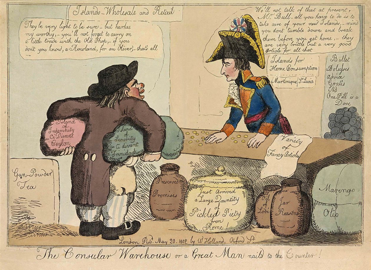 Het Consulaire Magazijn of een Groot Man aan de Balie genageld, uitgegeven 1802 (handgekleurde gravure) door English School