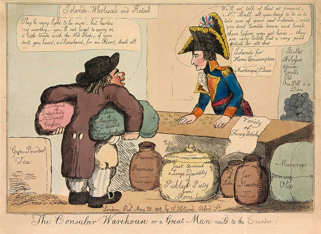 Het Consulaire Magazijn of een Groot Man aan de Balie genageld, pub. 1802 handgekleurde gravure door English School