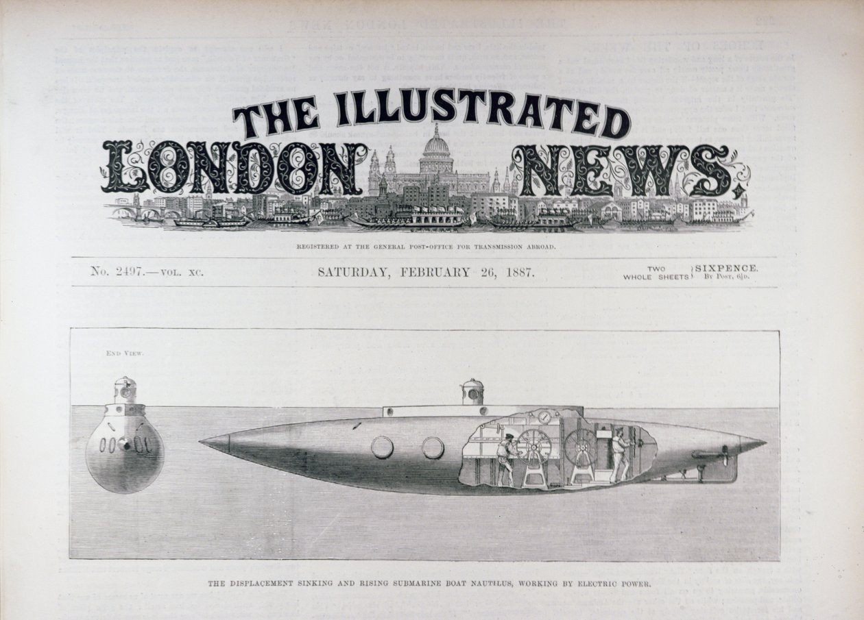 De Verplaatsing Zinkende en Stijgende Onderzeeër Nautilus, Werkend op Elektrische Kracht, uit The Illustrated London News, 26 februari 1887 door English School
