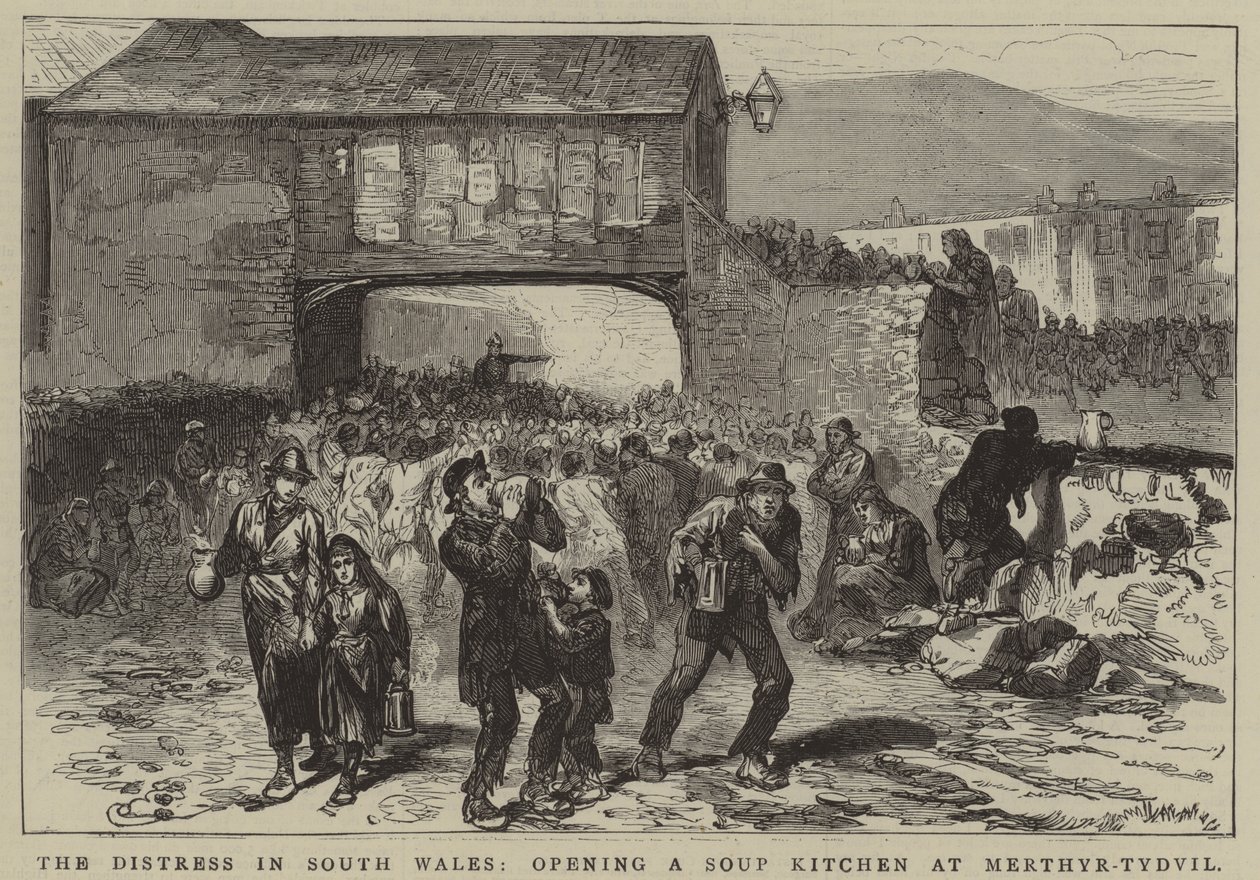 De nood in Zuid-Wales, het openen van een soepkeuken in Merthyr-Tydvil (gravure) door English School