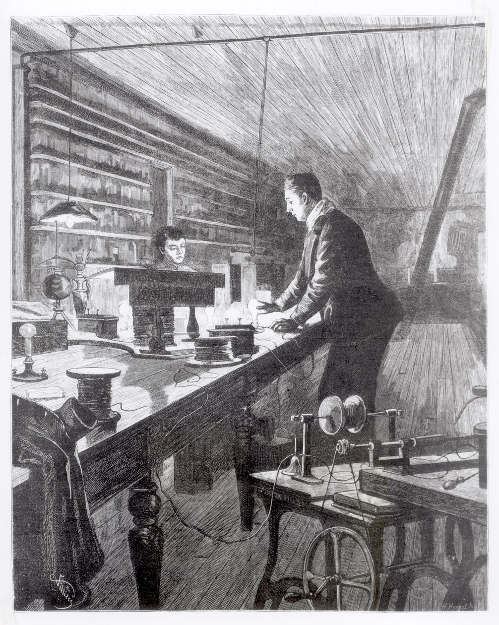 Het elektrische licht, de heer Edison (1847-1931) in zijn laboratorium door English School