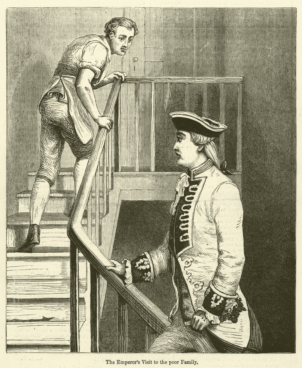 Het bezoek van de keizer aan de arme familie (gravure) door English School