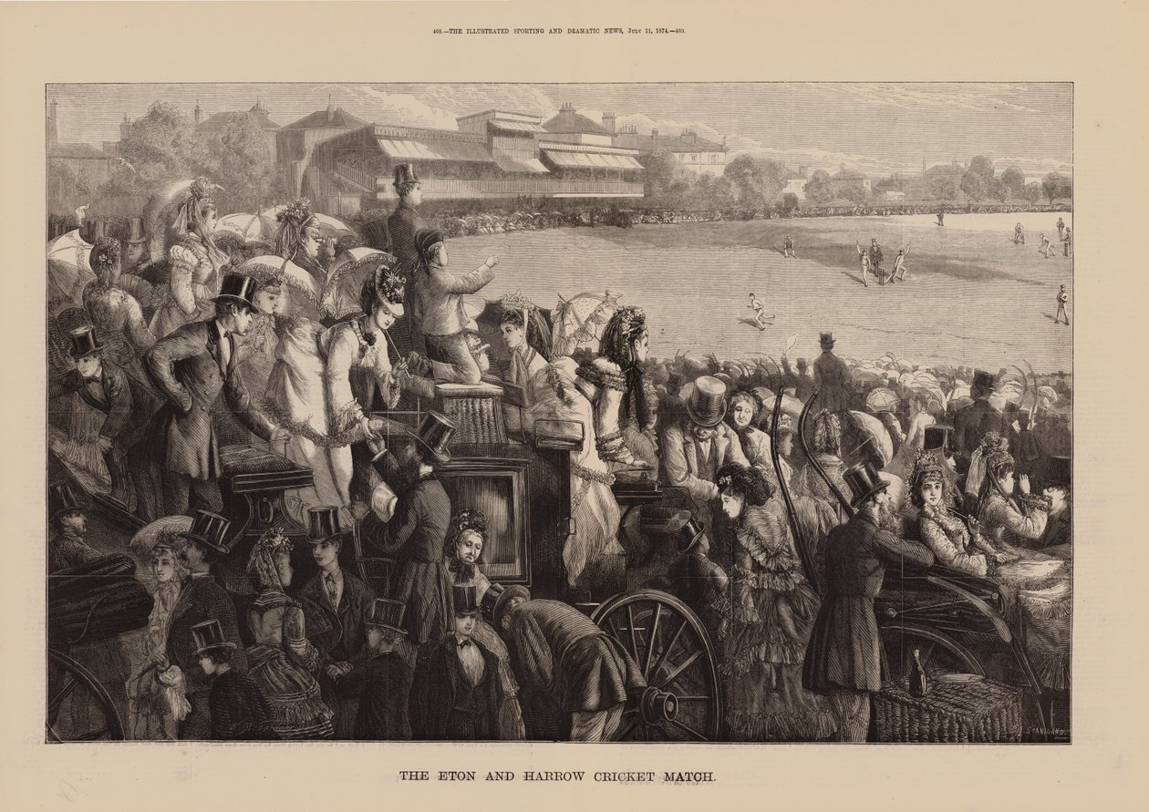 De cricketwedstrijd van Eton en Harrow (gravure) door English School