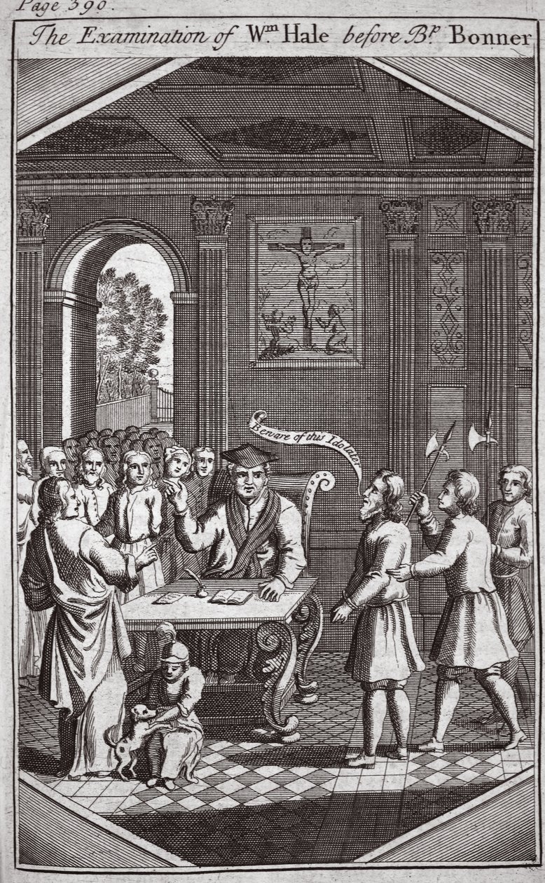 Het verhoor van Wm Hale voor bisschop Bonner, illustratie uit Foxes Martelaren ca. 1703 door English School