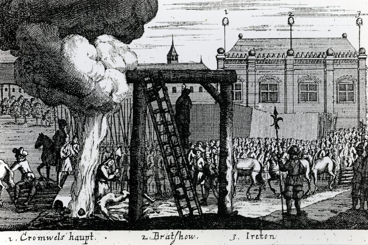 De executie van Oliver Cromwell, John Bradshaw en Henry Ireton, c.1661 door English School