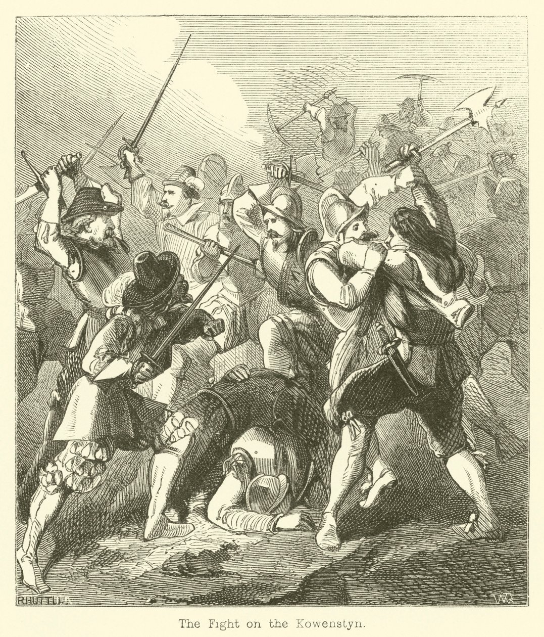 De strijd op de Kowenstyn (gravure) door English School