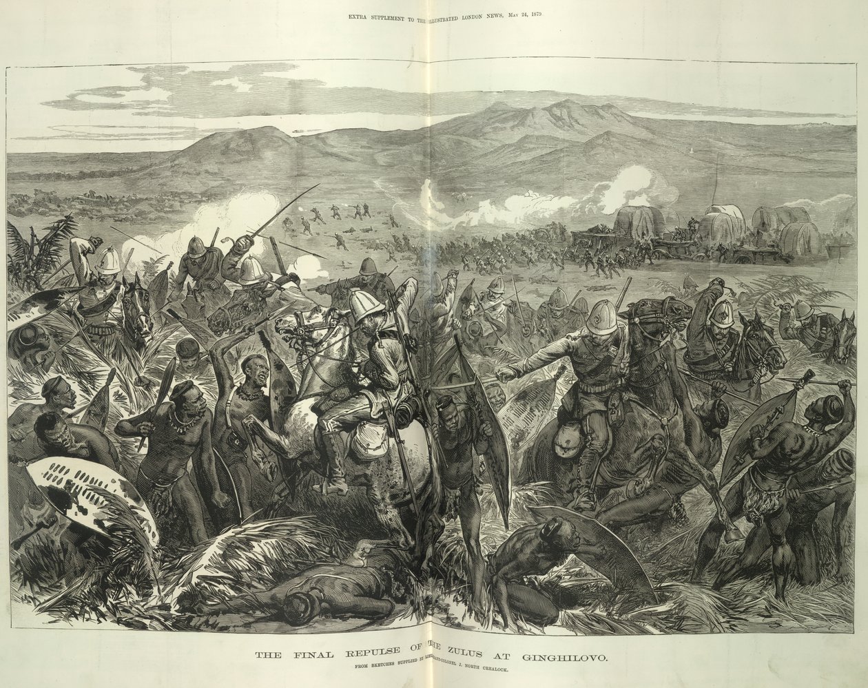 De laatste afwijzing van de Zoeloes bij Ginghilovo, naar schetsen van luitenant-kolonel J. North Crealock. Illustratie uit 