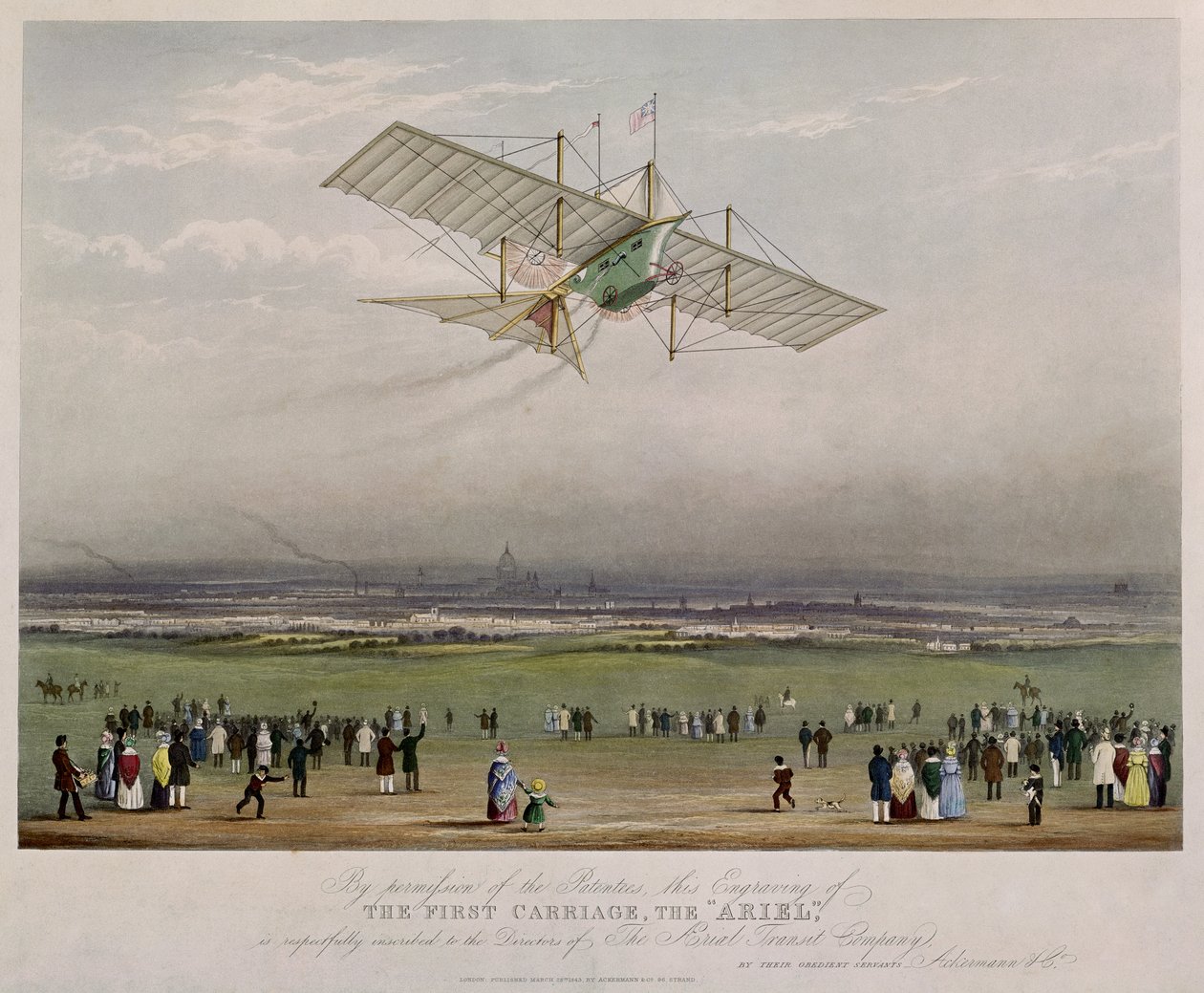 De vliegmachine, de Ariel, naar ontwerpen van W.S. Henson, uitgegeven door Ackermann & Co., 1843 door English School