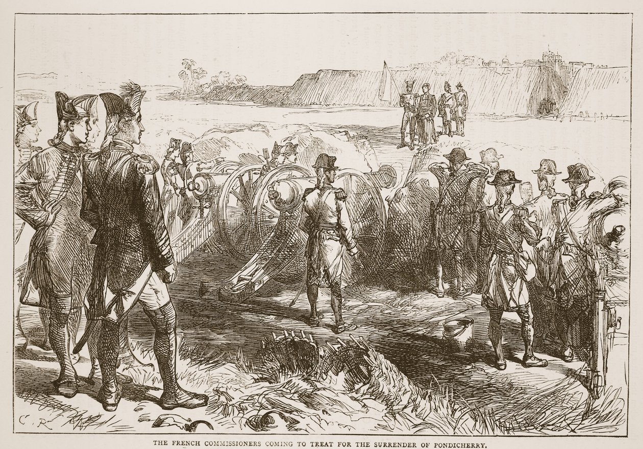 De Franse commissarissen komen om te onderhandelen over de overgave van Pondicherry, illustratie uit Cassells Geïllustreerde Geschiedenis van India door James Grant, uitgegeven 1879 door English School