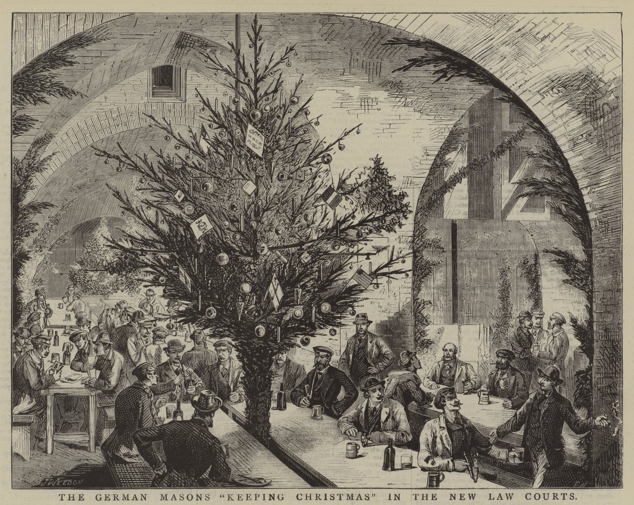 De Duitse vrijmetselaars "Kerstmis vieren" in de New Law Courts (gravure) door English School