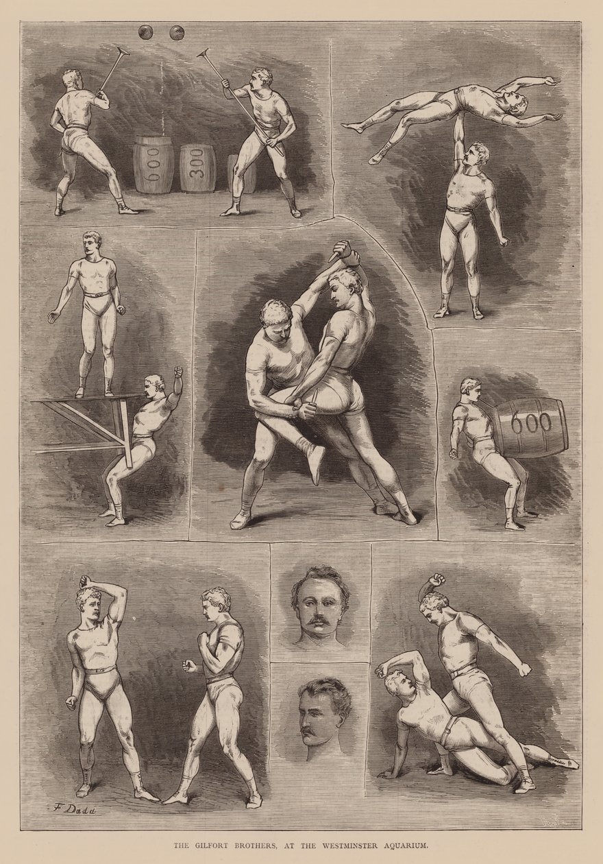 De gebroeders Gilfort in het Westminster Aquarium (gravure) door English School