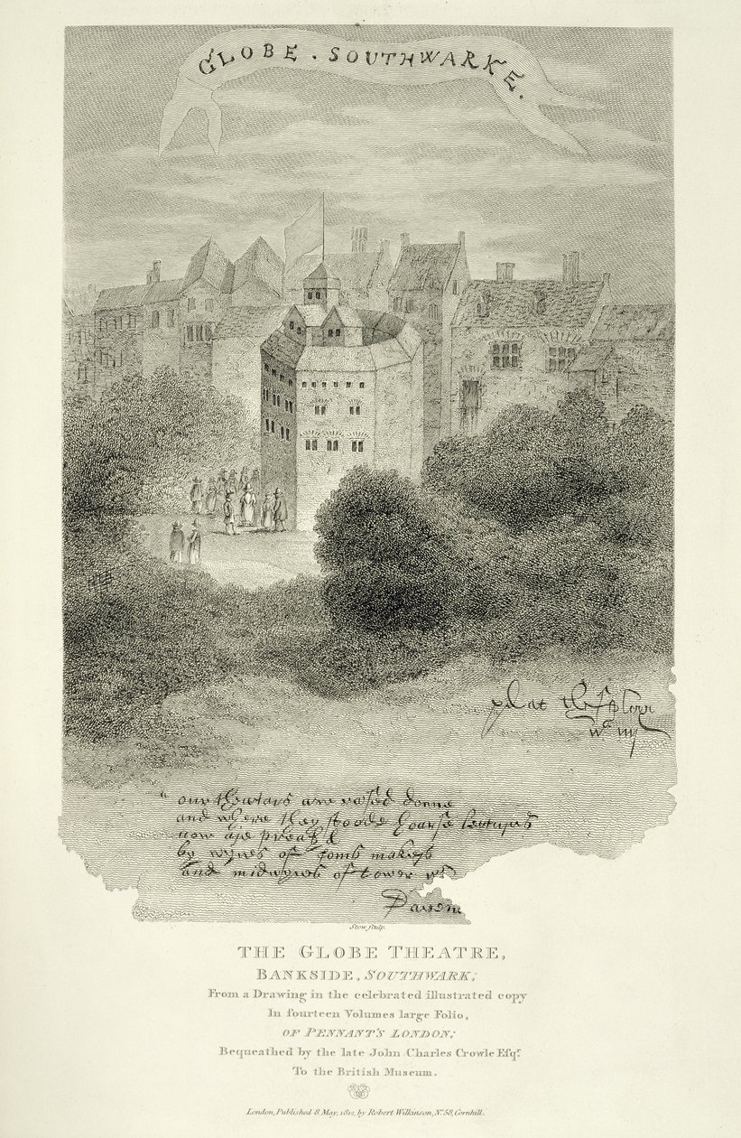 Het Globe Theatre, Bankside, Southwark, naar een tekening uit Pennants Londen, voor het eerst gepubliceerd 1793, gegraveerd door James Stow (c.1770-p.1820), gepubliceerd 1812 door English School