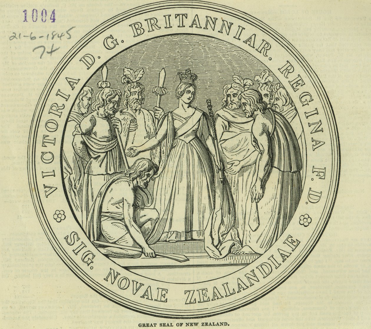 Het Grote Zegel van Nieuw-Zeeland, uit The Illustrated London News, 21 juni 1845 door English School