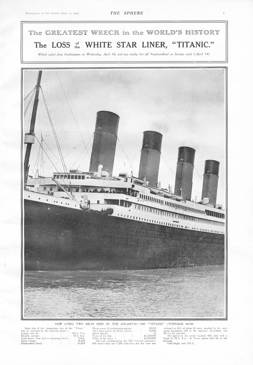 Het grootste wrak in de geschiedenis van de wereld - het verlies van de White Star Liner, Titanic, uit The Sphere, 20 april 1912 door English School
