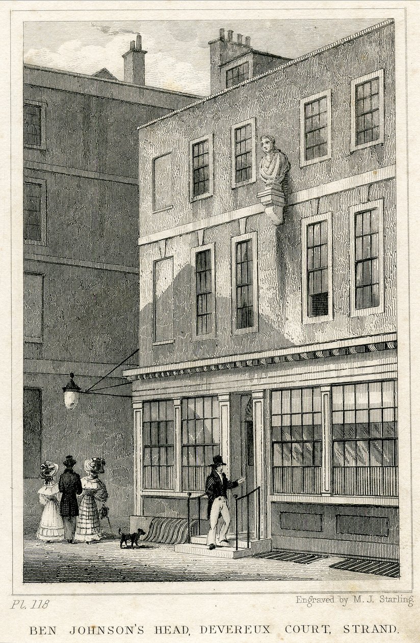 The Grecian Coffee House, Devereux Court, Strand, met een buste van Ben Johnson (gravure) door English School