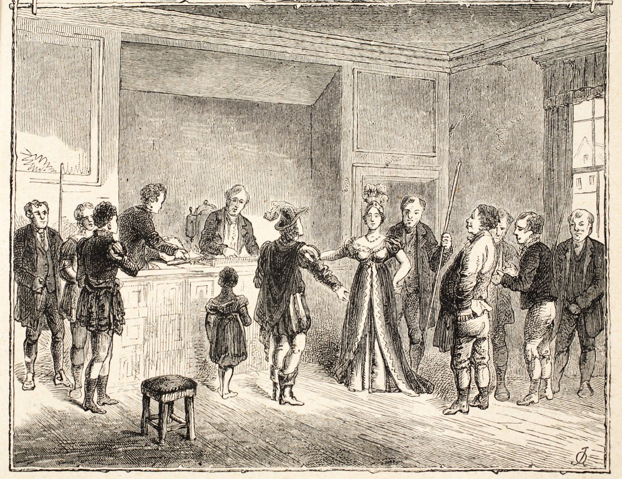 De Hand en Schaar, Een Zaak voor het Pie-Poudre Hof, naar een tekening uit 1811 door English School
