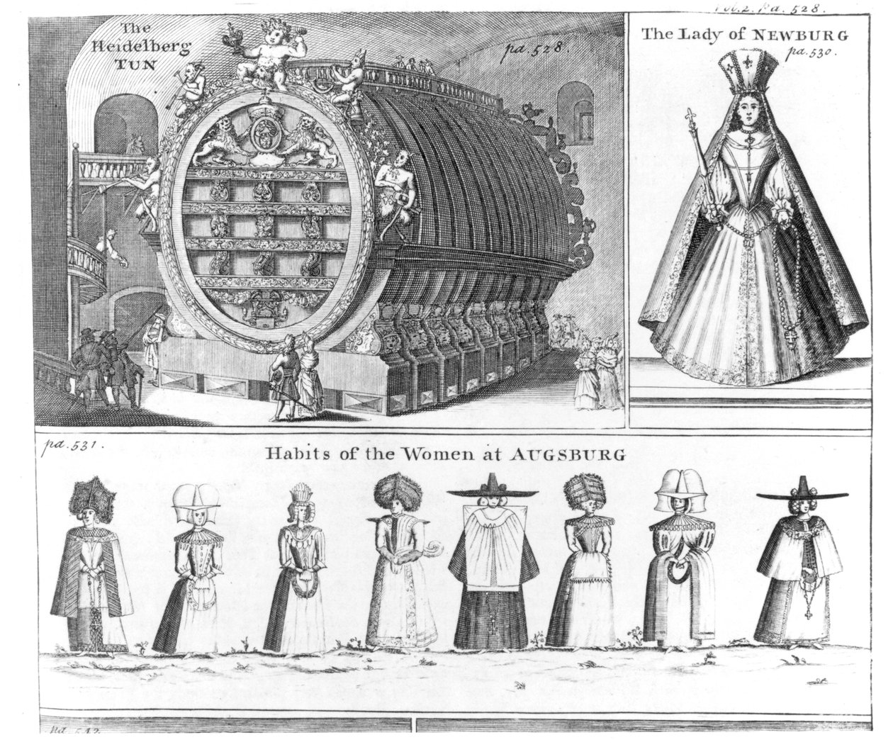 De Heidelberg Tun, De Dame van Newburg en Gewoonten van de Vrouwen van Augsburg, uit Missons Nouveau voyage d
