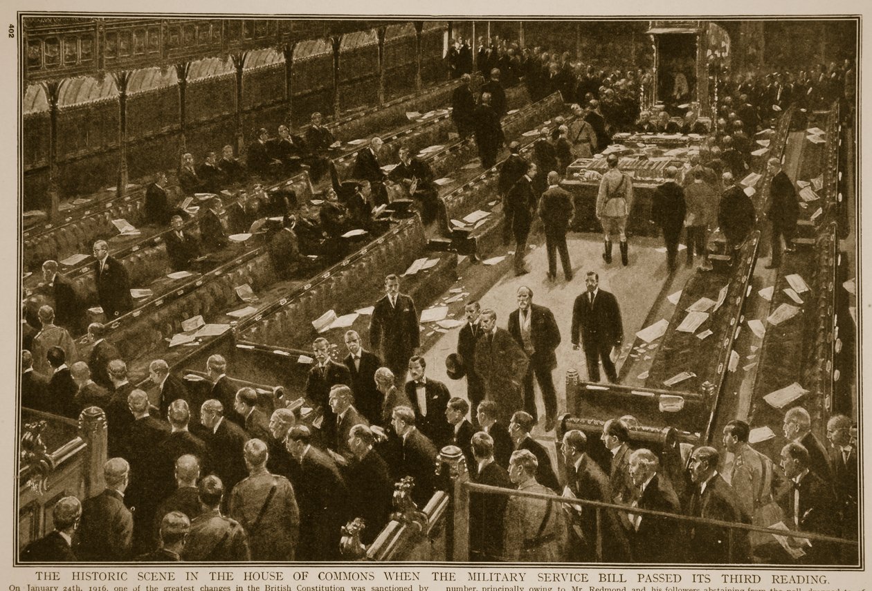 De historische scène in het Lagerhuis toen de Military Service Bill zijn derde lezing passeerde door English School