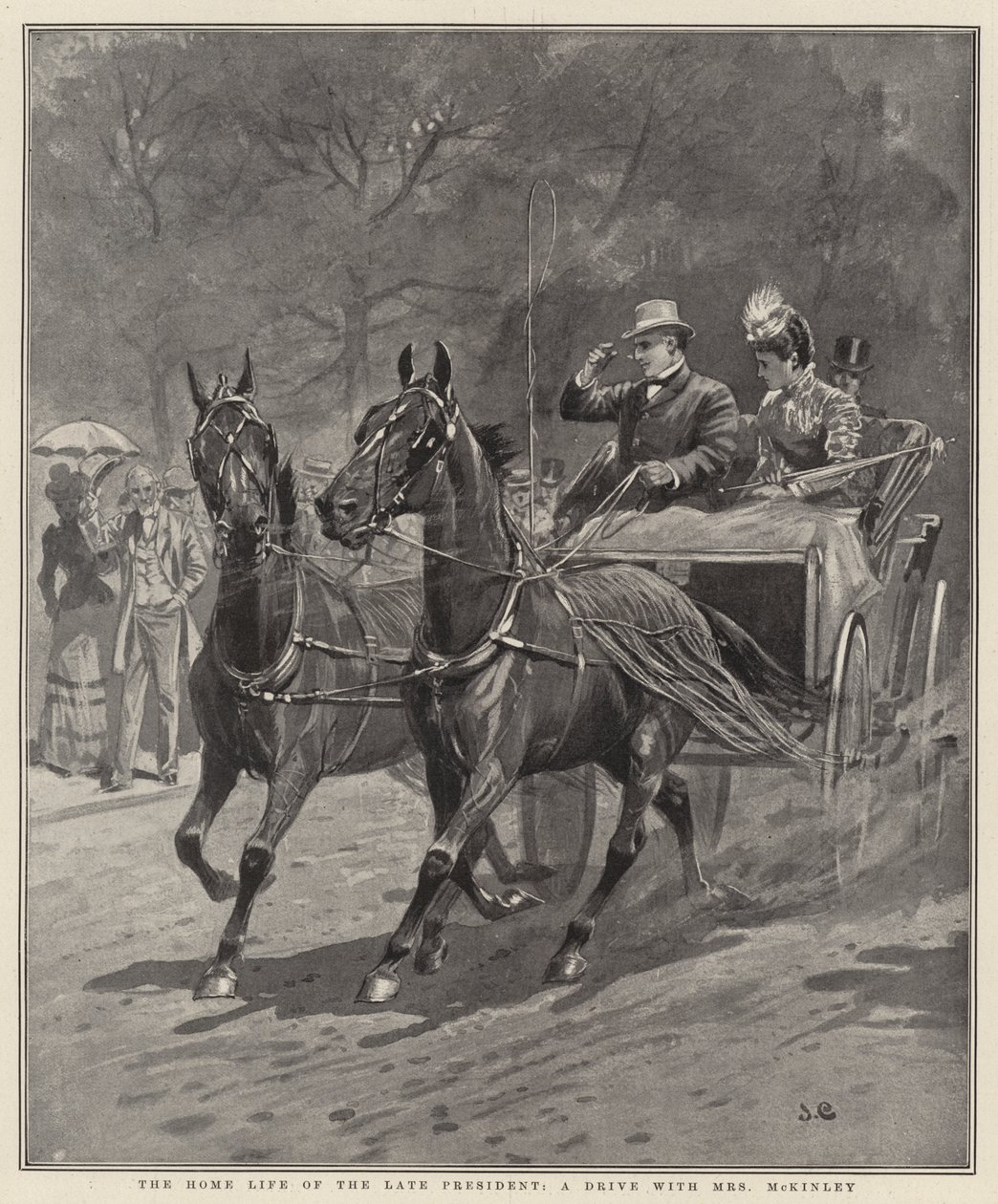 Het huiselijke leven van de overleden president, een rit met mevrouw McKinley (litho) door English School
