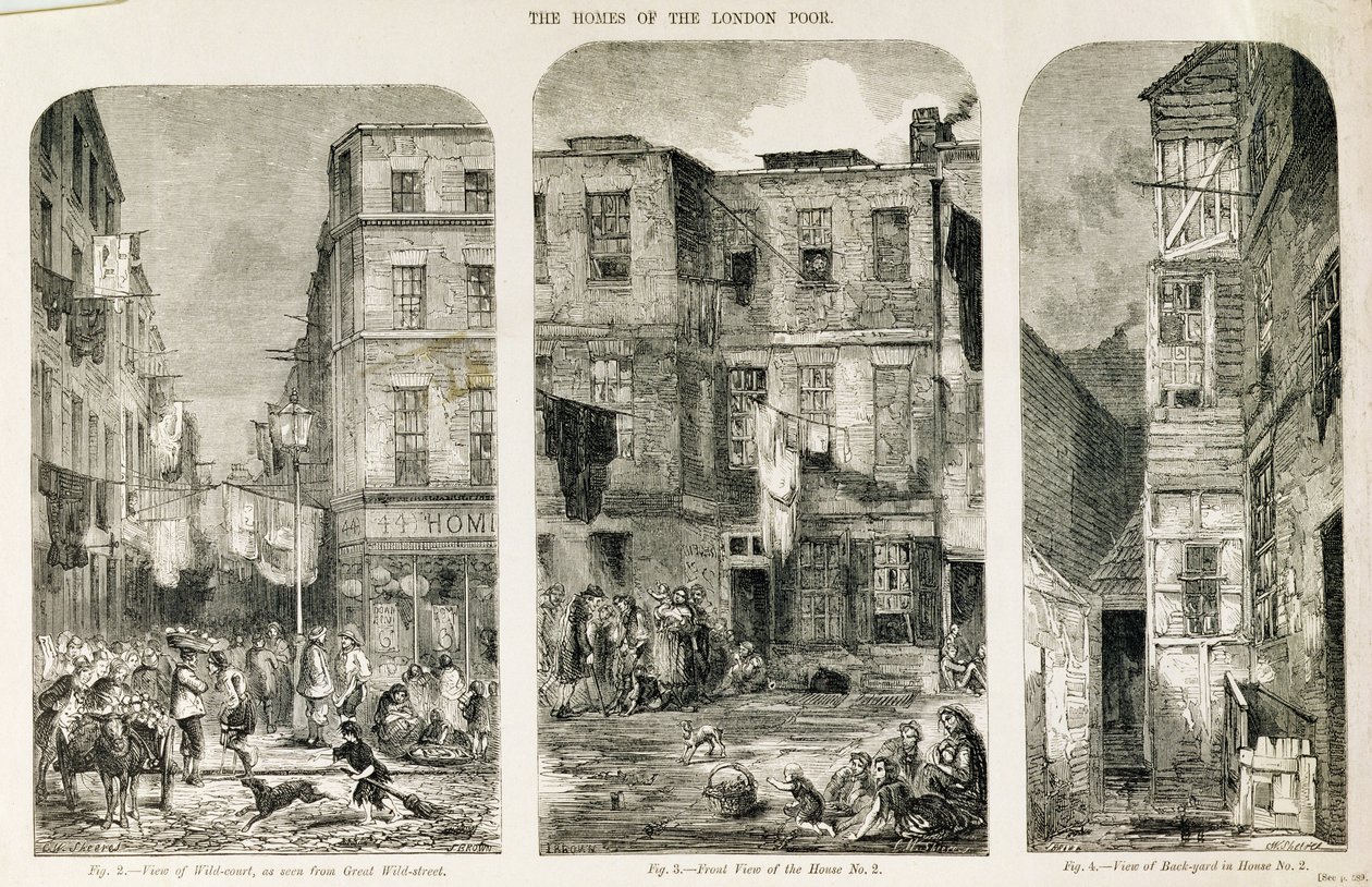 De huizen van de armen in Londen, uit `The Builder Magazine