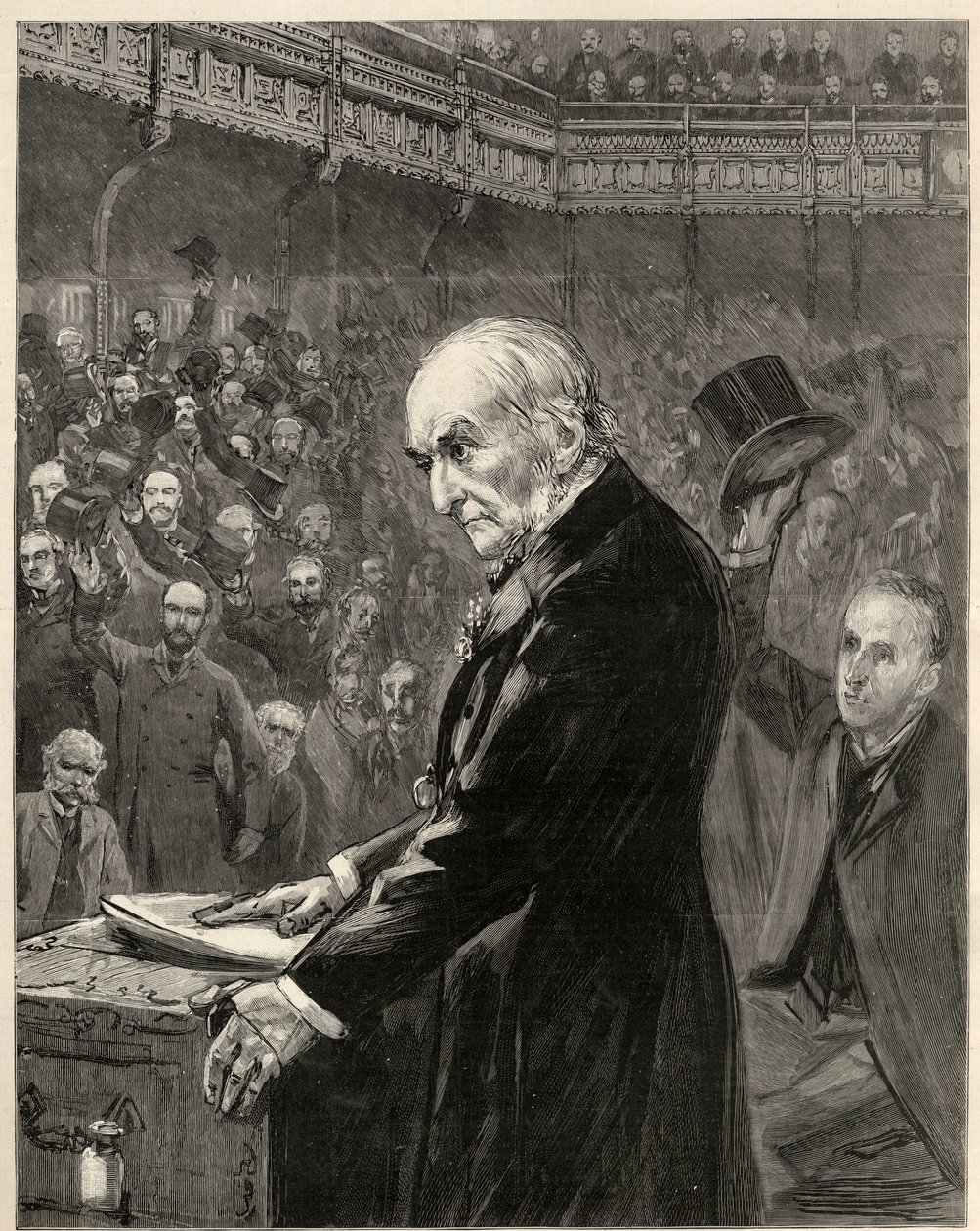 Het Lagerhuis, 13 februari 1893: William Ewart Gladstone, liberaal premier, introduceert de Tweede Home Rule Bill. door English School