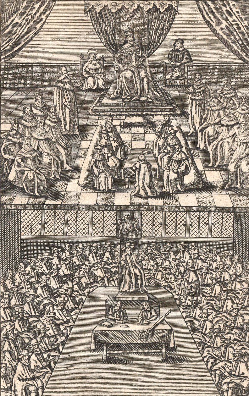 Het Hogerhuis en Lagerhuis onder Koning Karel I, ca. 1640 door English School
