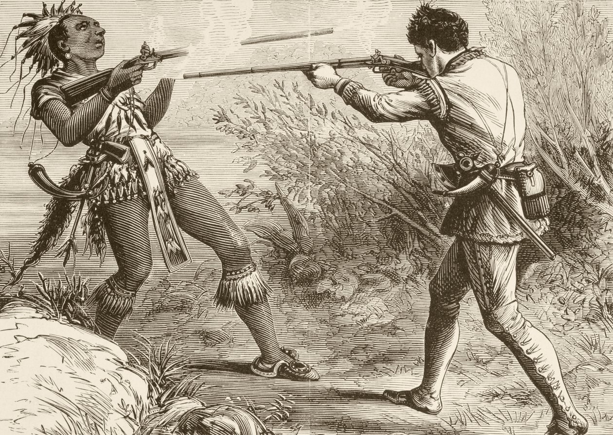 Het Indiaanse opperhoofd Paugus wordt gedood door een Engelse militieman (litho) door English School