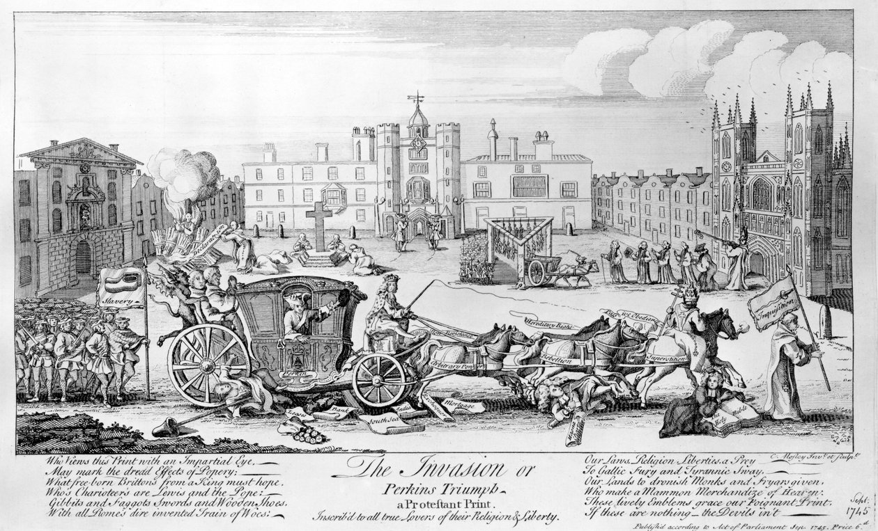 De invasie of Perkins triomf - een protestantse prent, opgedragen aan alle ware liefhebbers van hun religie en vrijheid, 1745 door English School