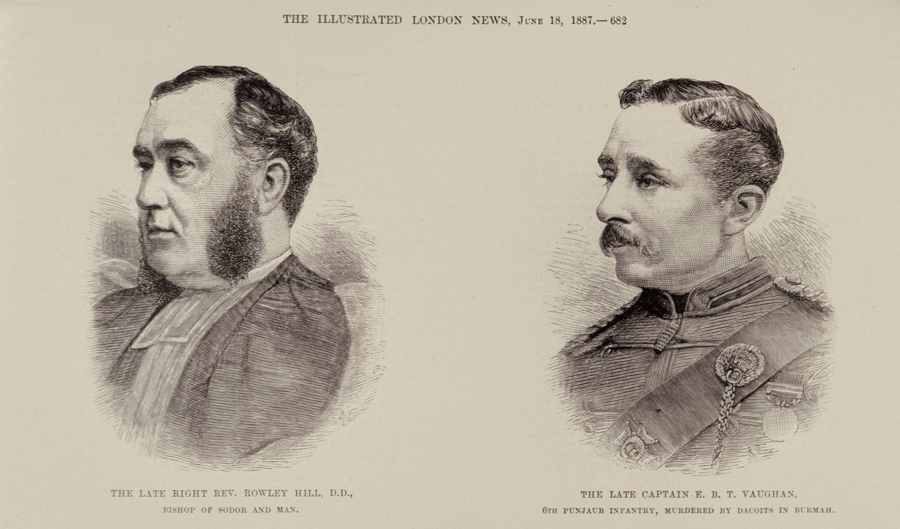 Wijlen de zeer eerwaarde Rowley Hill, bisschop van Sodor en Man en wijlen kapitein E. B. T. Vaughan, 6e Punjaub Infanterie, vermoord door Dacoits in Birma, uit The Illustrated London News, 18 juni 1887 door English School