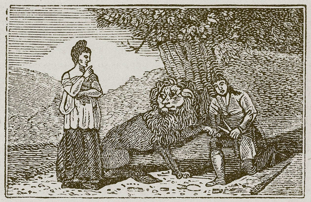 De verliefde leeuw (gravure) door English School