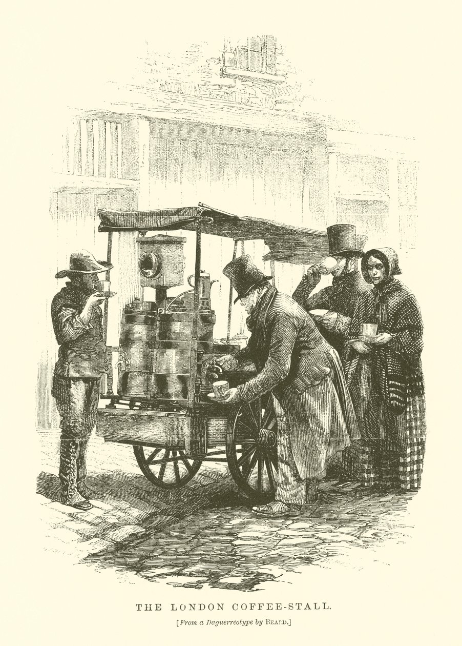De Londense Coffee-Stall (gravure) door English School