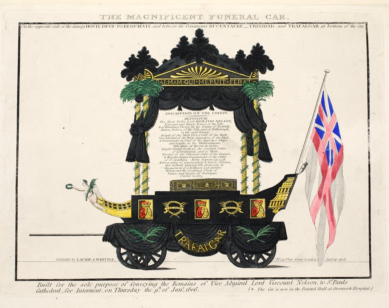 De prachtige begrafeniswagen, pub. 1806 (handgekleurde gravure) door English School