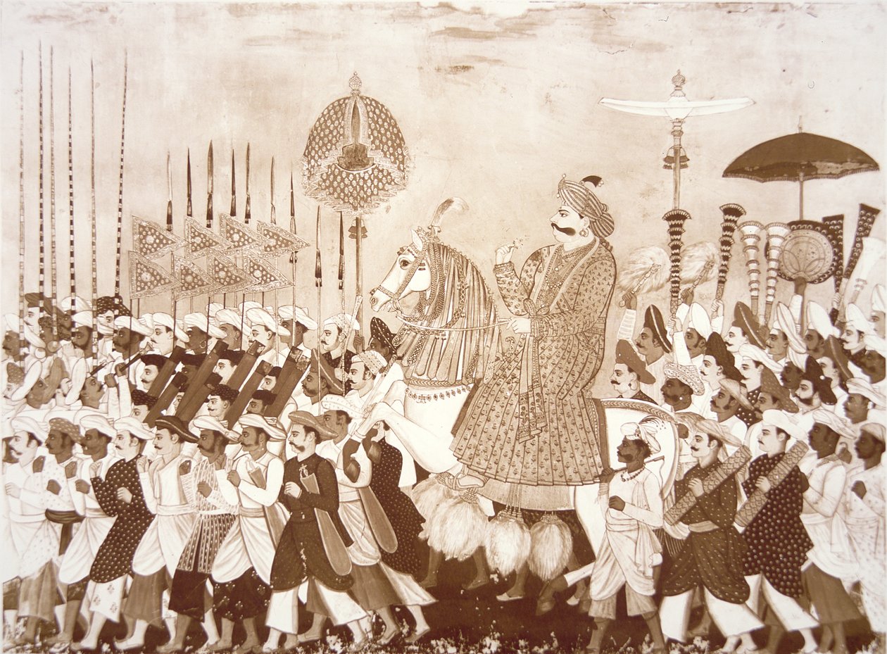 De Mahratta Chief Tulsaji van Tanjore (kleur litho) door English School