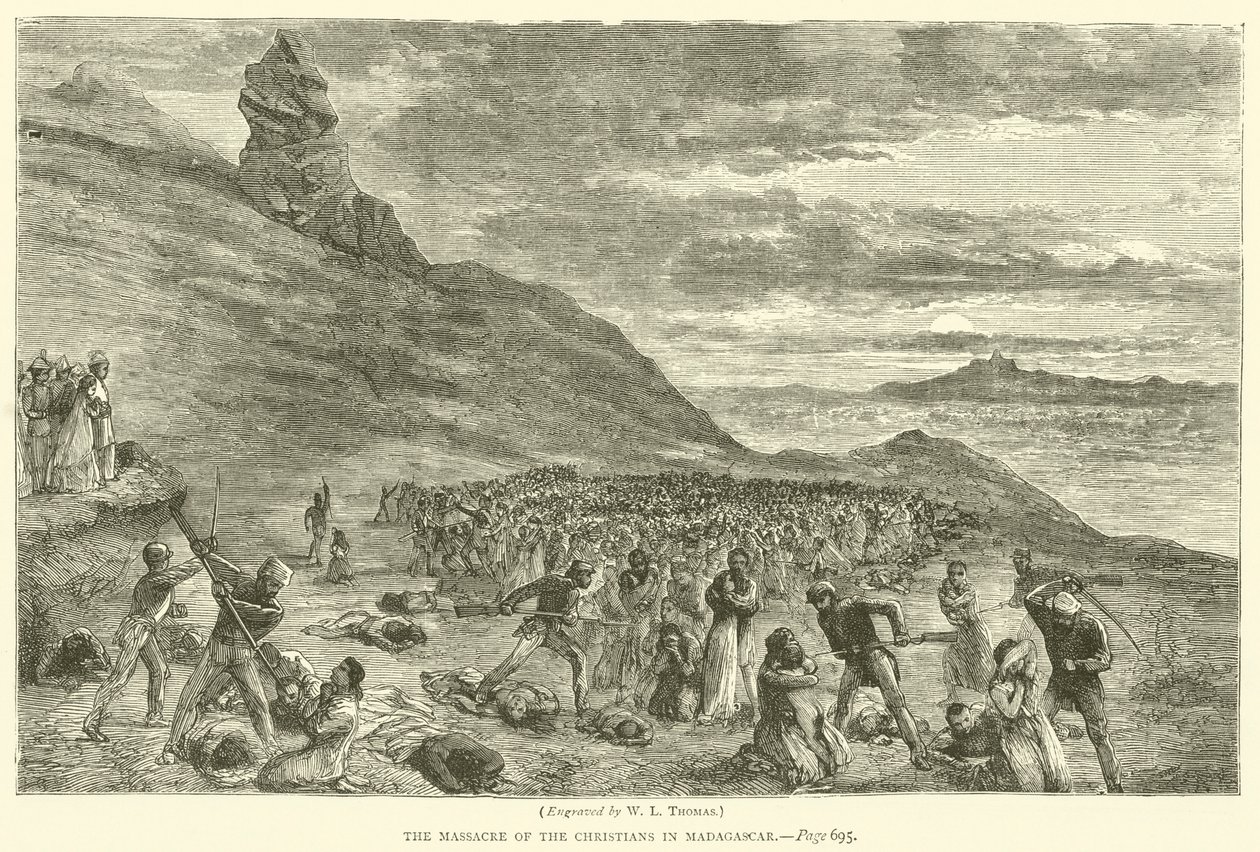 De slachting onder de christenen in Madagaskar (gravure) door English School