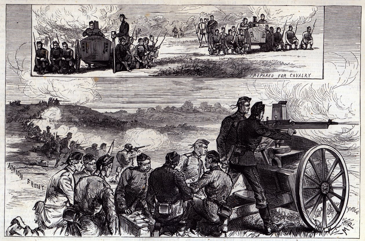 De Nordenfeldt-kanonnen in Aldershott, uit de Illustrated London News, september 1885 door English School