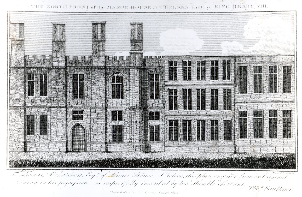 De Noordelijke Voorzijde van het Landhuis in Chelsea gebouwd door Koning Hendrik VIII, gegraveerd door J. Barlow, een illustratie in Een Historisch en Topografisch Verslag van Chelsea en zijn Omgeving door English School