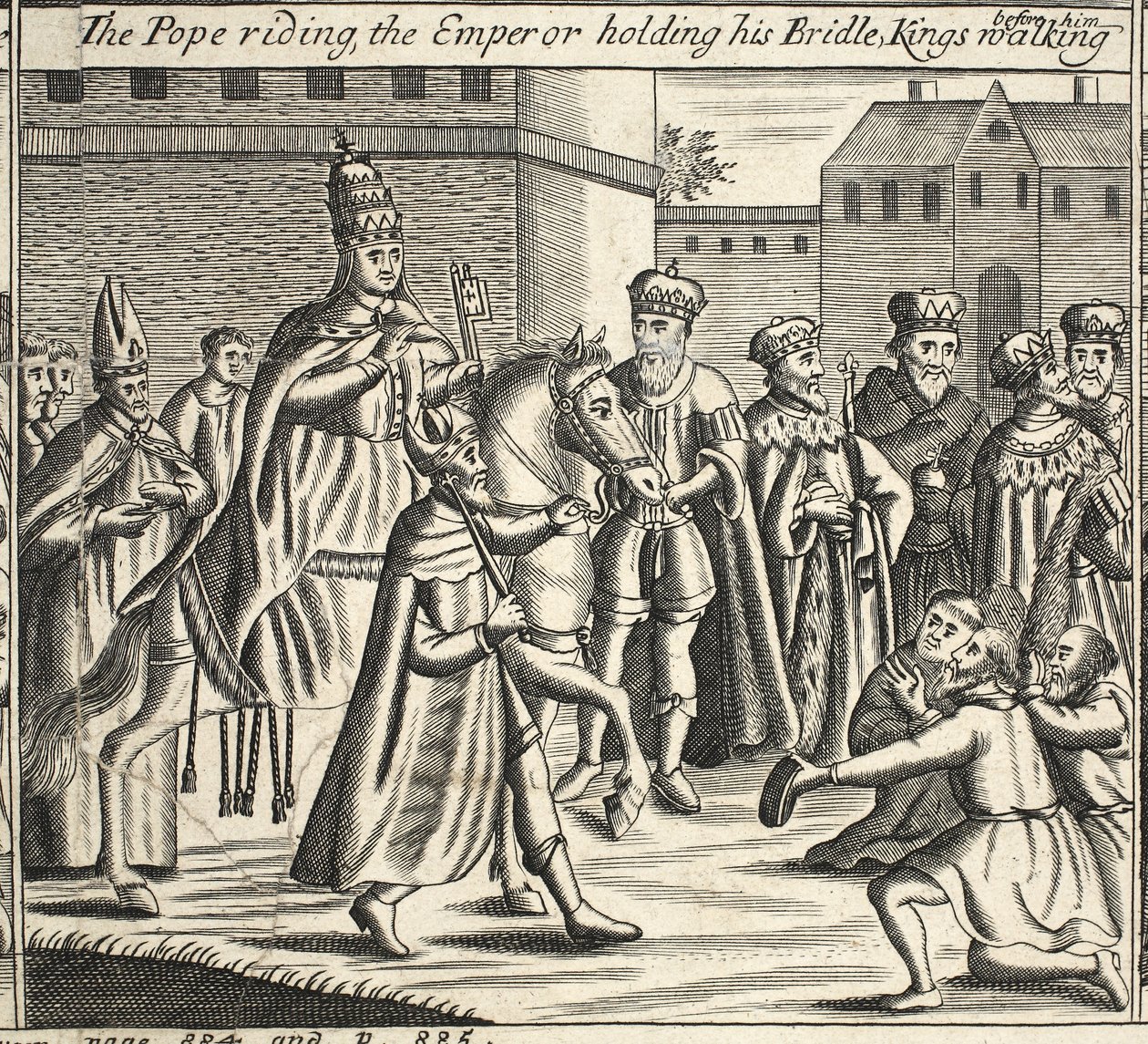 De paus te paard, de keizer houdt zijn teugel vast, koningen lopen voor hem, illustratie uit Handelingen en Monumenten van John Foxe, negende editie, uitgegeven 1684 door English School
