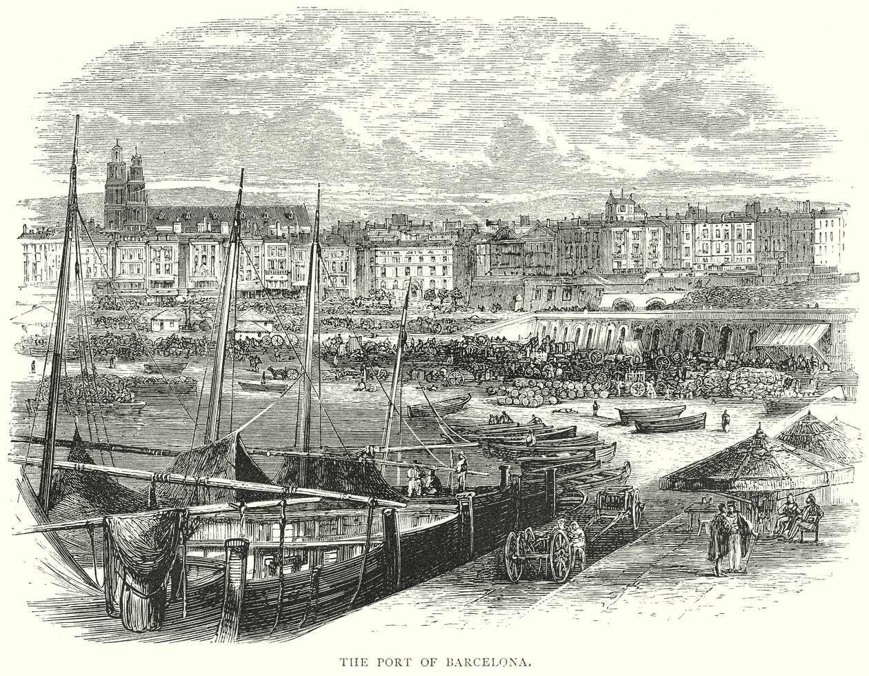 De haven van Barcelona (gravure) door English School