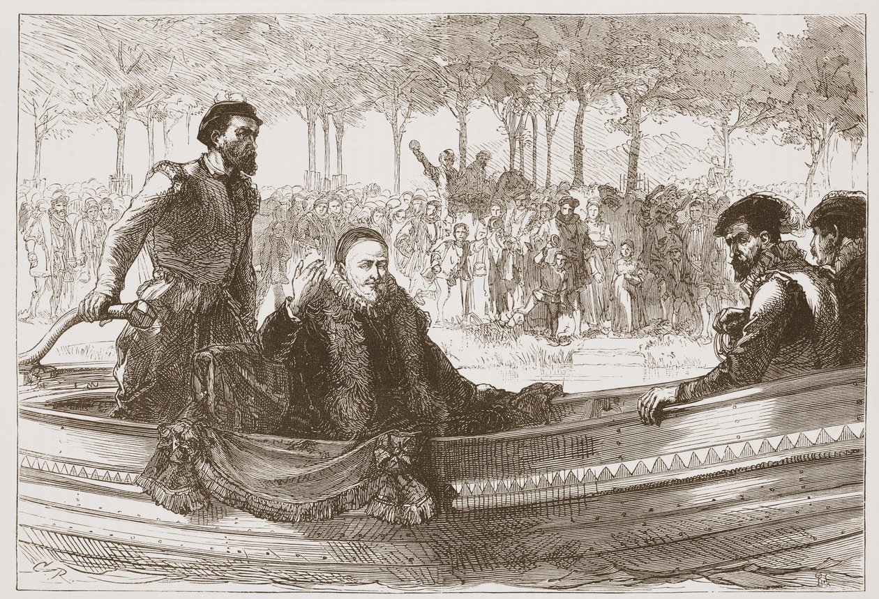 De Prins van Oranje in zijn boot op weg naar Brussel, illustratie uit De Geschiedenis van het Protestantisme door James Aitken Wylie, 1878 door English School