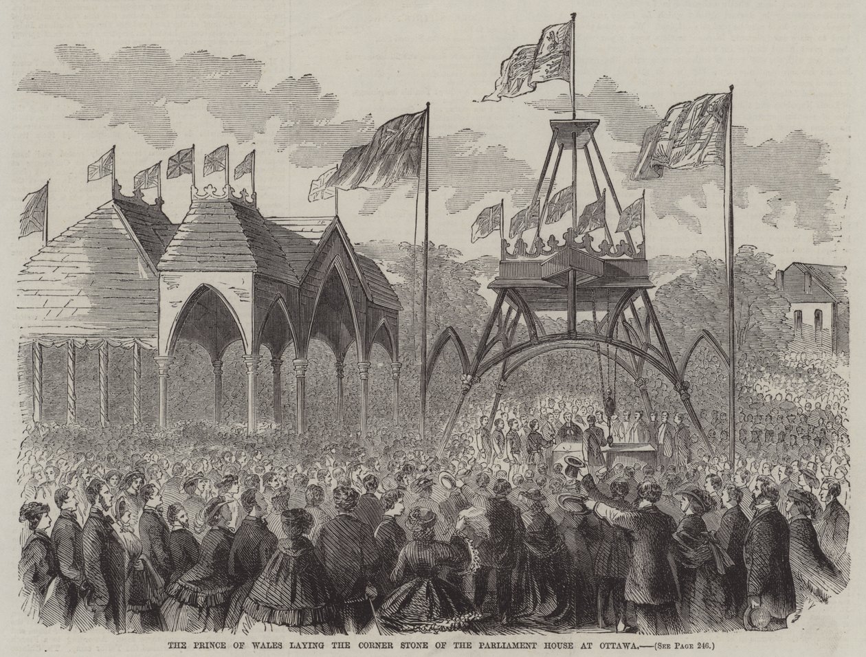 De Prins van Wales legt de eerste steen van het parlementsgebouw in Ottawa (gravure) door English School