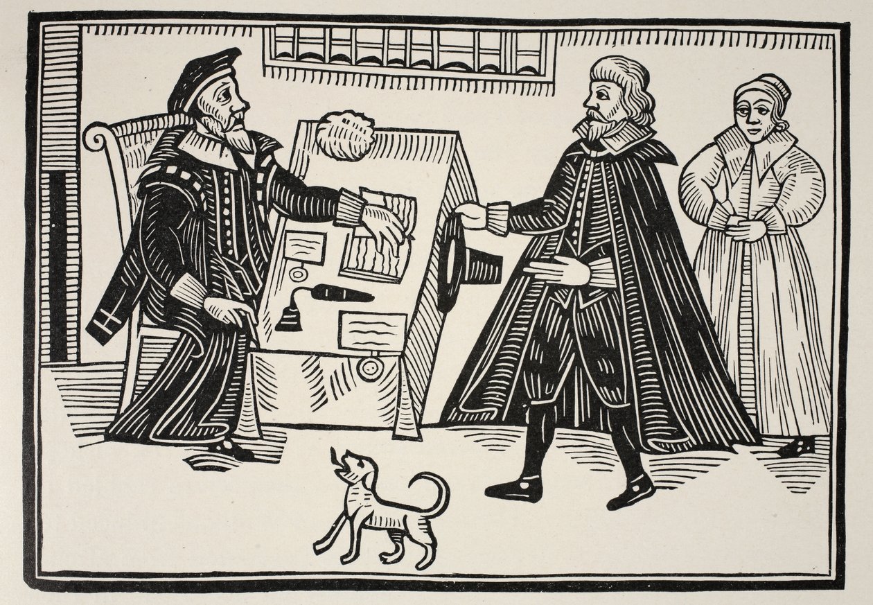 De Proctor en Parator, titelpagina van een traktaat over de misbruiken en buitensporigheden van de Spirituele Rechtbanken, 1641 door English School