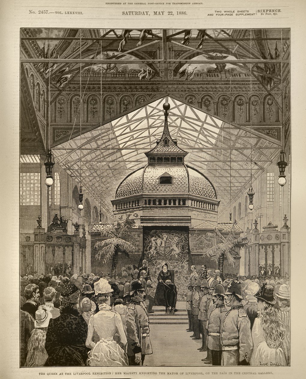 De Koningin op de Liverpool Tentoonstelling: Hare Majesteit Riddert de Burgemeester van Liverpool op het Podium in de Centrale Galerij, uit The Illustrated London News, 22 mei 1886 door English School